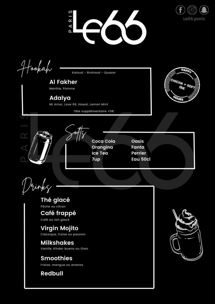 Menu du 66 Chicha Bar à Paris avec une sélection de chichas, boissons et cocktails.